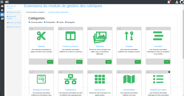 Le panneau d'accès aux fonctionnalités