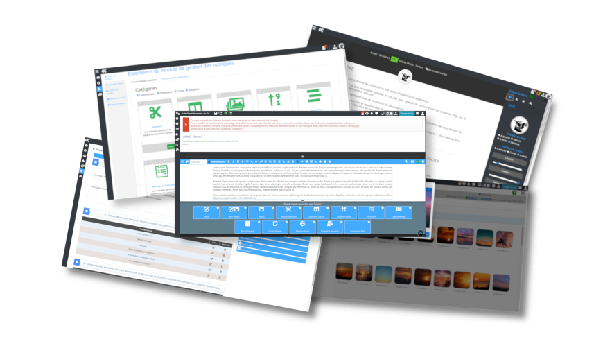 Différents panneaux figurant les variétés des possibilités du CMS d'Un Site Web Simplement